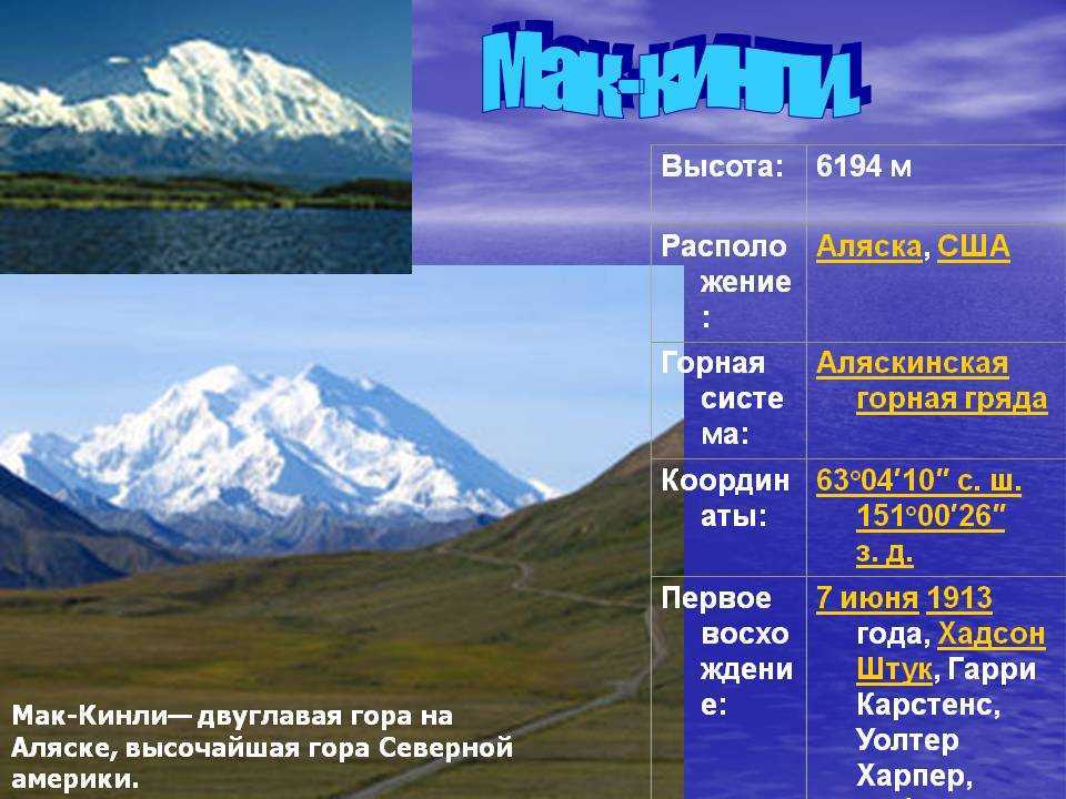 На сколько километров протянулись кавказские горы. Мак-Кинли Горная система. Г.Мак- Кинли (Денали). Гора Мак Кинли Северная Америка. Гора Мак Кинли высота.