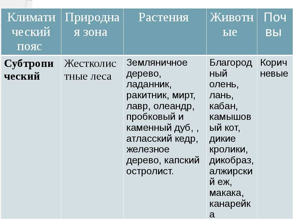 Таблица природных зон россии 4. Субтропики таблица природная зона. Таблица природные зоны природных климатических поясов. Растительный мир природных зон России таблица. Характеристика природных зон.